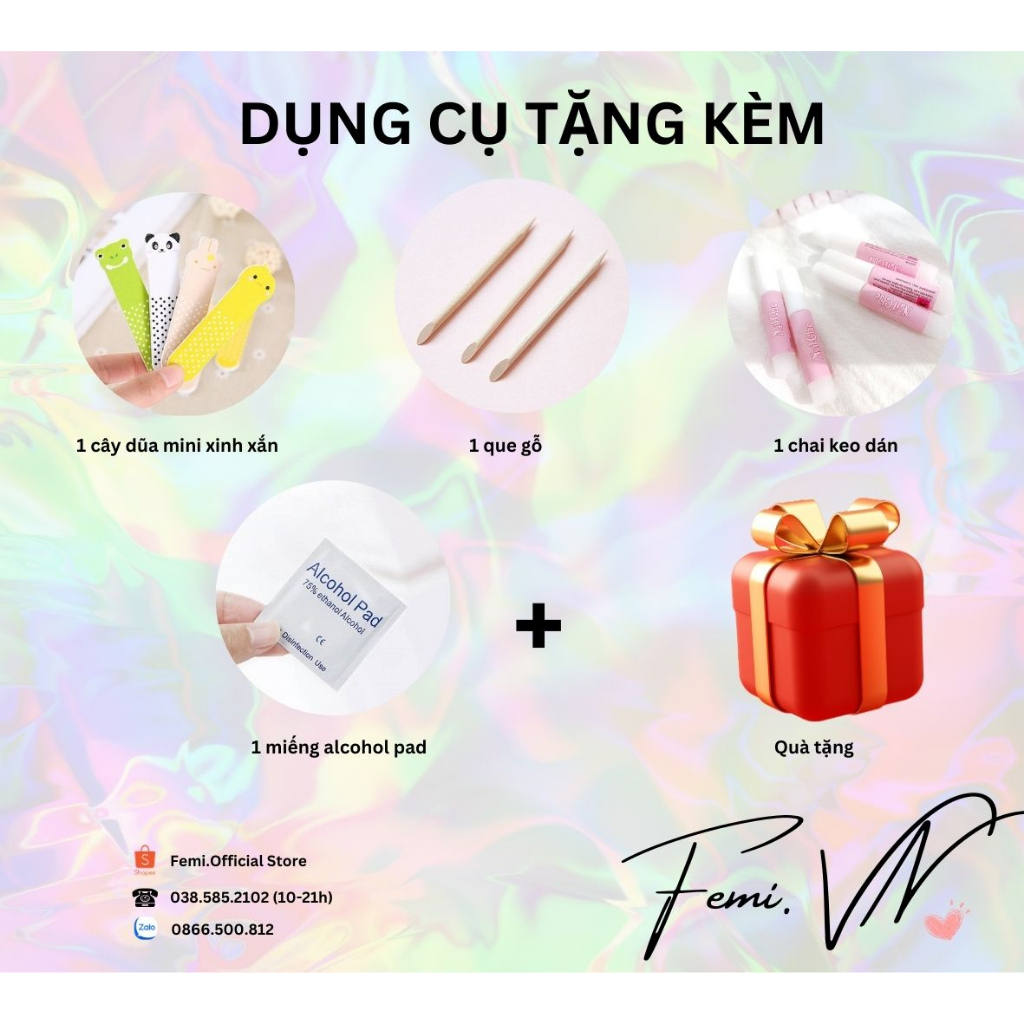 Femi F01 Nailbox Móng Úp Thiết Kế Sẵn Thạch Hồng Mắt Mèo Kim Tuyến Flash Cho Nữ