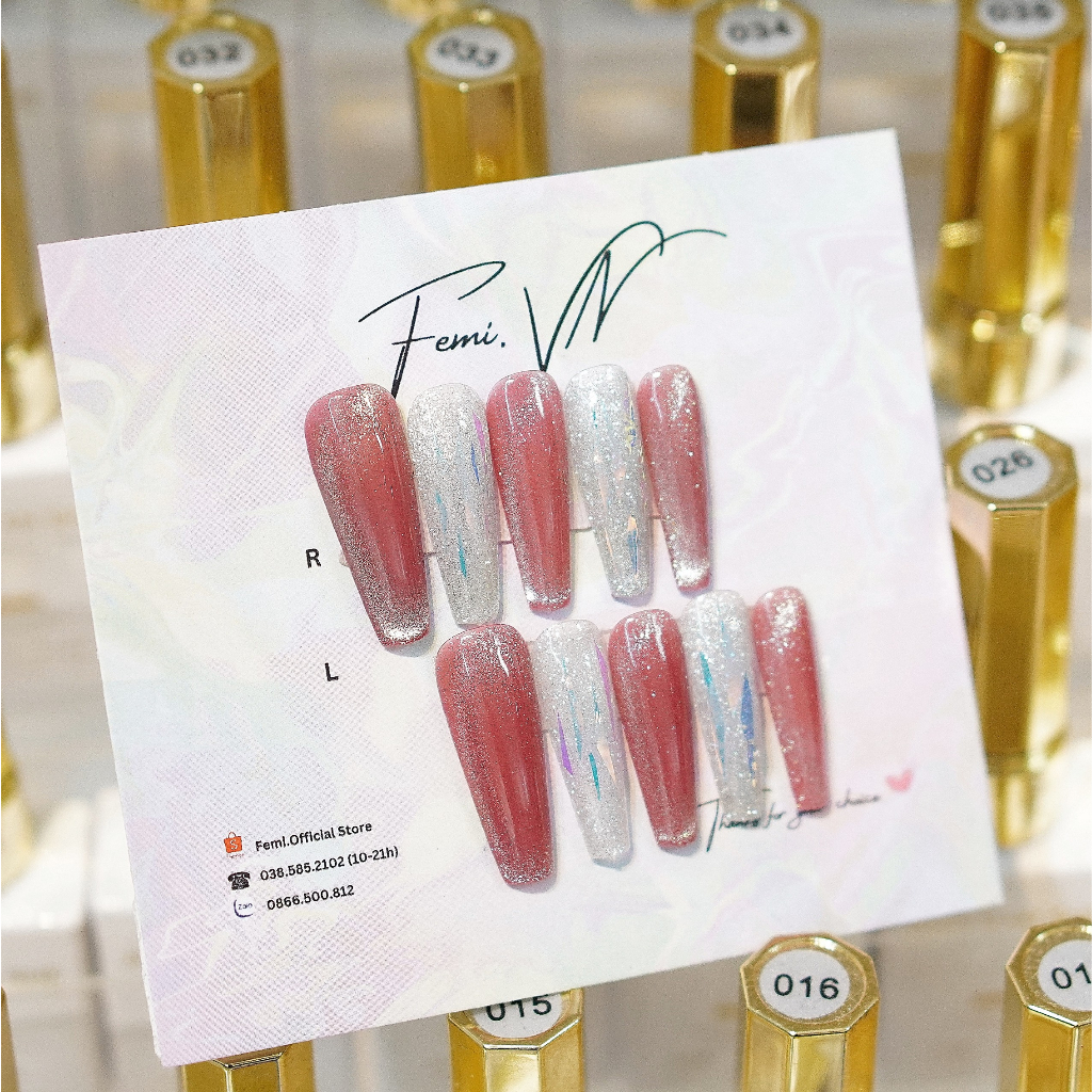 Femi F01 Nailbox Móng Úp Thiết Kế Sẵn Thạch Hồng Mắt Mèo Kim Tuyến Flash Cho Nữ