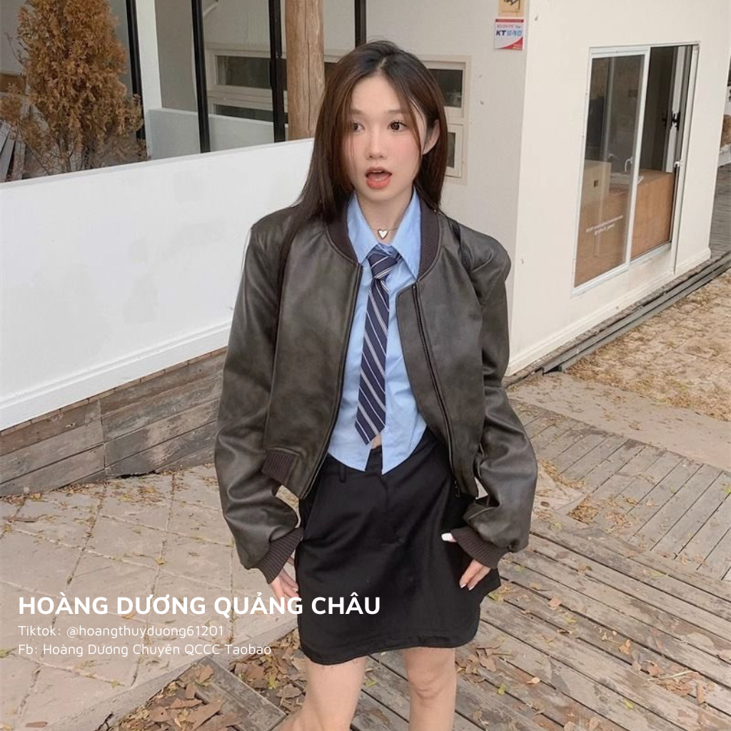 Áo Khoác Da Pu Ngắn Dáng Rộng Dài Tay, Áo Khoác Ngoài Giữa Eo Có Khóa Cài Dáng Rộng Thời Trang Thu Đông 2023 Cho Nữ