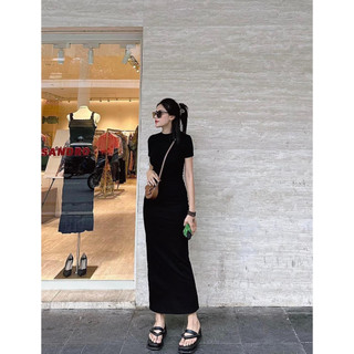 (Ảnh Thật ) Đầm body H/M thun trơn co giãn dáng dài tay ngắn cổ tròn tôn dáng che khuyết điểm sang trọng kín đáo