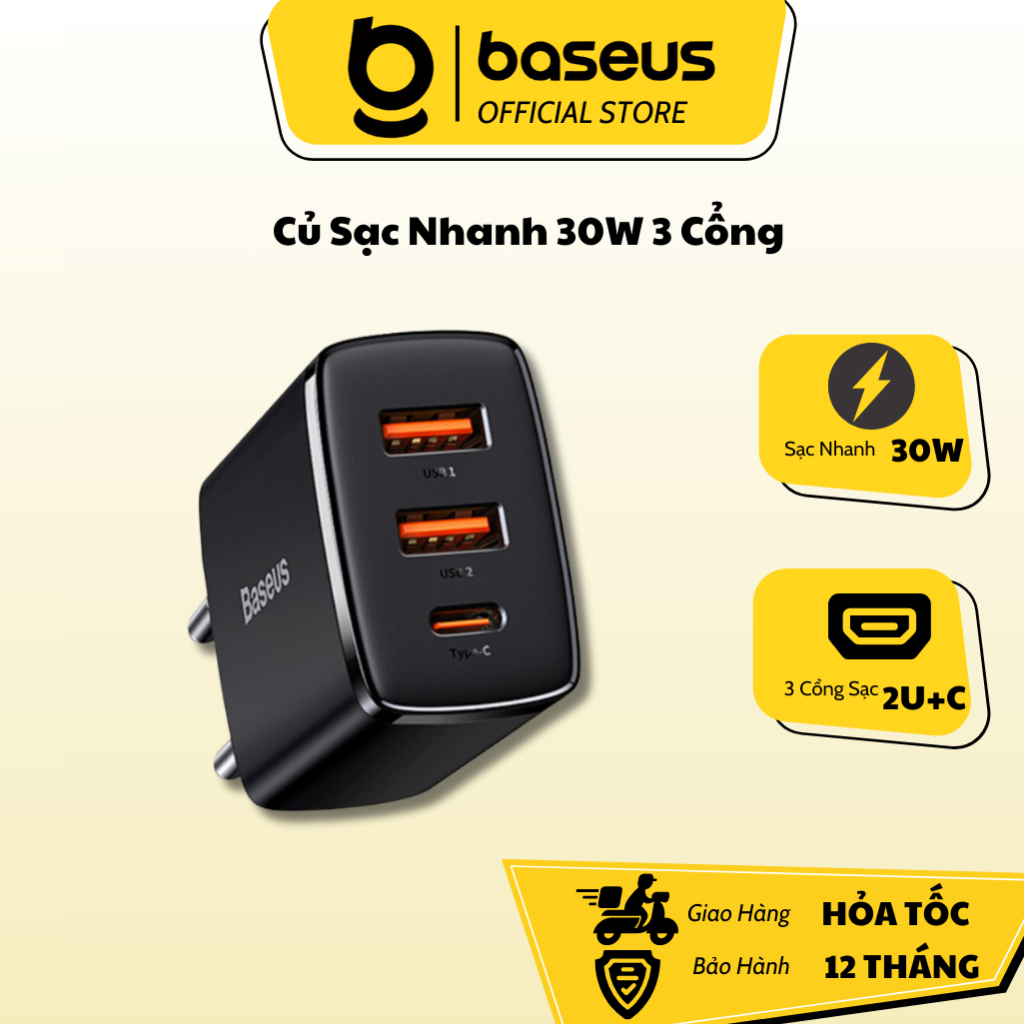 Củ Sạc Nhanh 30W 3 Cổng Baseus Compact Quick Charger 2U+C Dùng Cho Các Dòng Máy I.P samsung oppo xiaomi ....