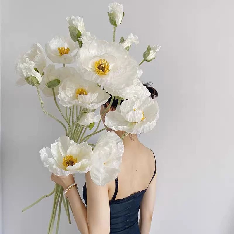 Hoa giả  Hoa Poppy giả-hoa Anh Túc cỡ lớn, size 15cm,cành dài 109cm,trang trí siêu đẹp,cắm hoa để bàn Trang Trí sự kiện.
