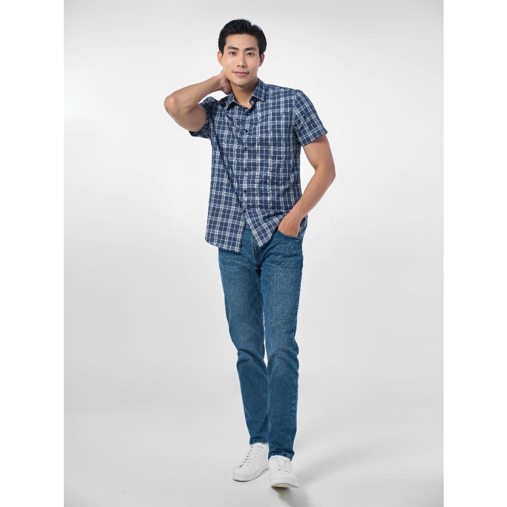 OWEN - Áo Sơ mi ngắn tay Owen Regularfit  chất sợi tre kẻ ca rô xanh navy 230053