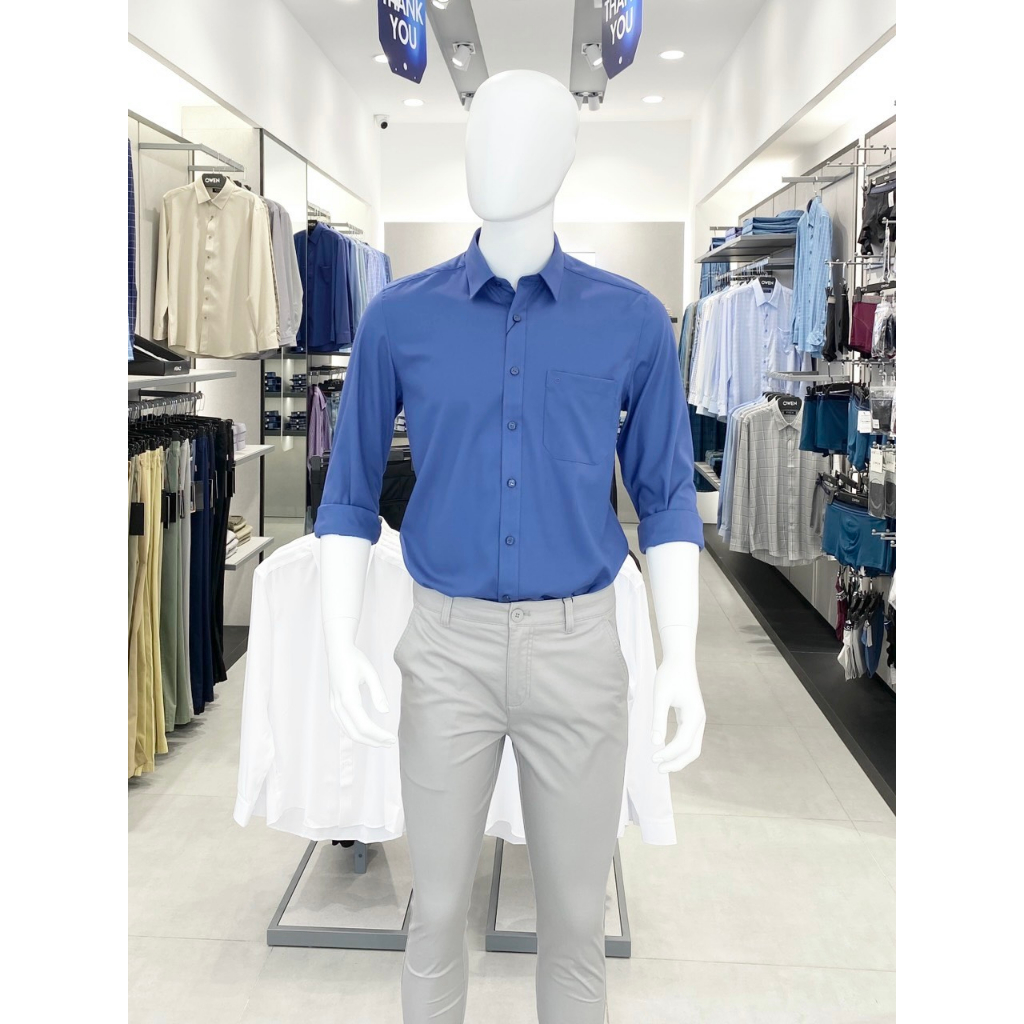 OWEN - Áo sơ mi dài tay Owen màu xanh trơn chất sợi tre SLIMFIT  23412