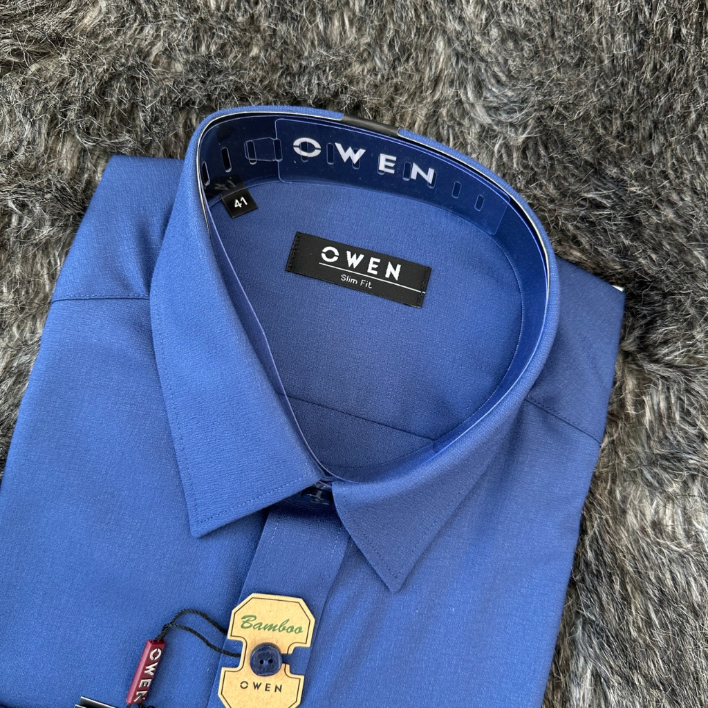 OWEN - Áo sơ mi dài tay Owen màu xanh trơn chất sợi tre SLIMFIT  23412
