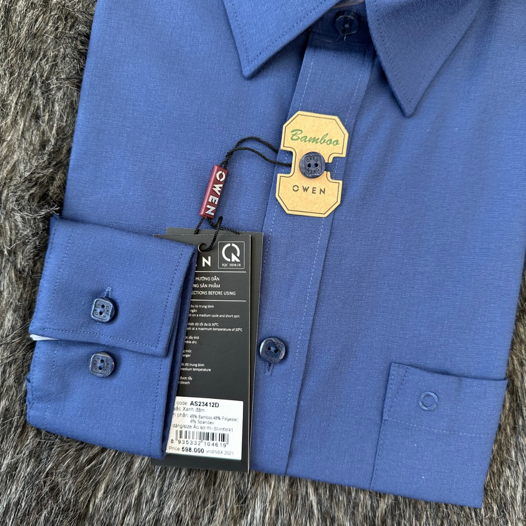 OWEN - Áo sơ mi dài tay Owen màu xanh trơn chất sợi tre SLIMFIT  23412