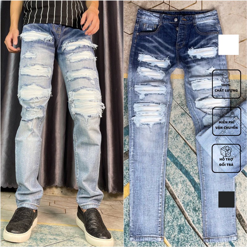 Quần jean bò nam Amiri slimfit xanh bạc rách tua vá da nhăn trắng dọc đùi gối 4 cúc DT001