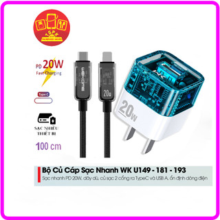 Bộ củ cáp sạc nhanh 20w trong suốt wk wp-u149-181-193 chân cắm usb và type-c cáp dây dù cho mọi điện thoaị bh 12 tháng