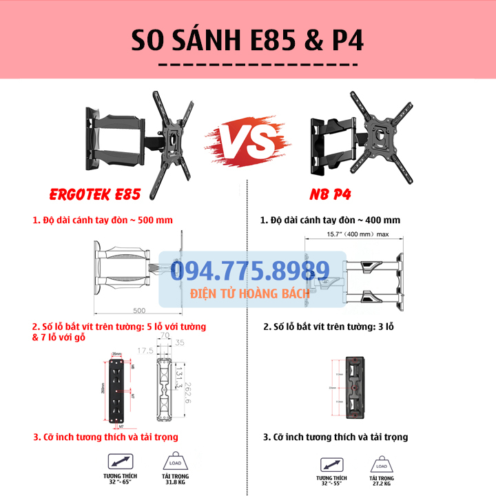 Giá treo tivi xoay đa năng NB P4 32 - 55 Inch / ErgoTek E85 32 - 65 Inch - Khung Treo Tivi Xoay Góc Trái Phải Linh Hoạt