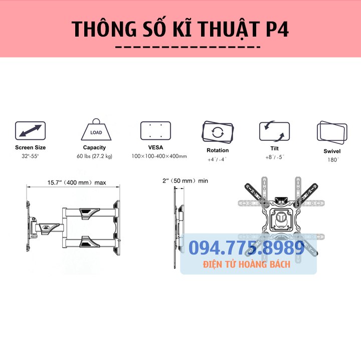 Giá treo tivi xoay đa năng NB P4 32 - 55 Inch / ErgoTek E85 32 - 65 Inch - Khung Treo Tivi Xoay Góc Trái Phải Linh Hoạt