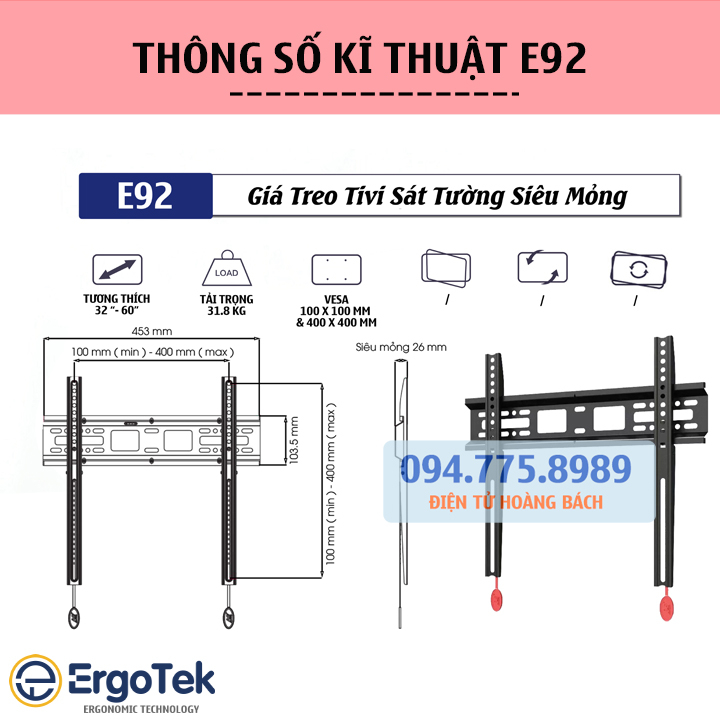 Giá treo tivi siêu mỏng 2,6 cm ErgoTek E92 32 - 60 Inch - Hàng Nhập Khẩu - Giá Treo Tv Cố Định Sát Tường