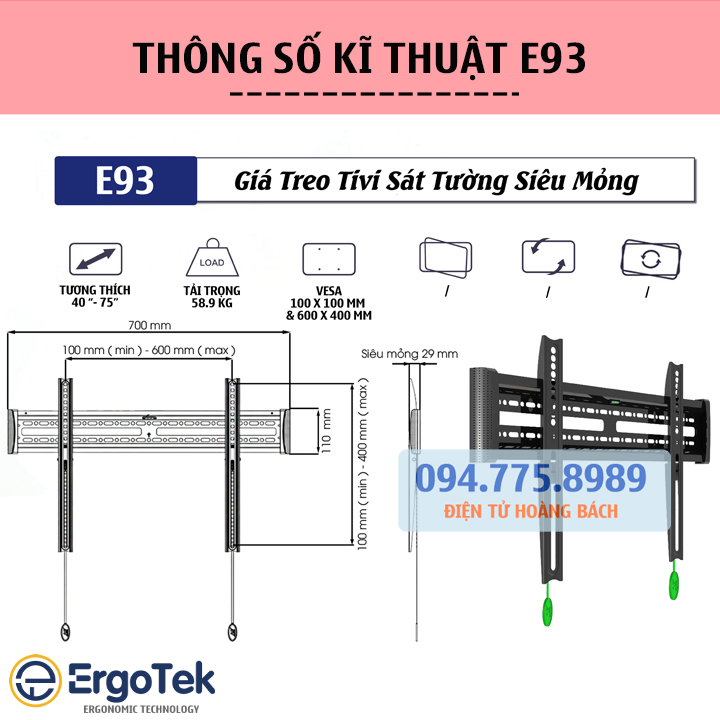 Giá treo tivi siêu mỏng 2.9 cm ErgoTek E93 40 - 75 Inch - Giá Treo TV cố định Sát Tường Phẳng