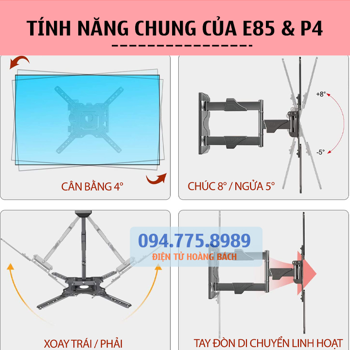 Giá treo tivi xoay đa năng NB P4 32 - 55 Inch / ErgoTek E85 32 - 65 Inch - Khung Treo Tivi Xoay Góc Trái Phải Linh Hoạt