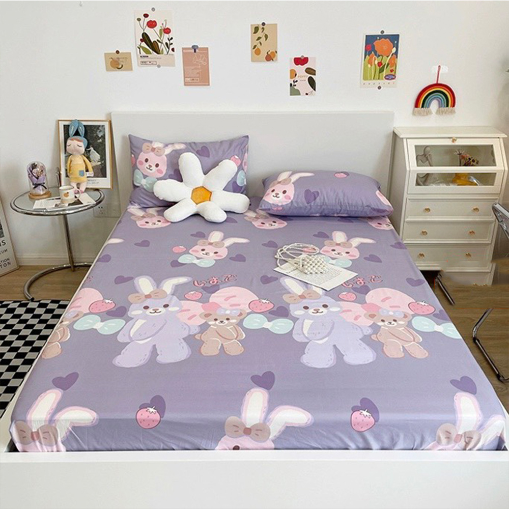 Ga bo chun kèm 2 vỏ gối nằm kích thước Ga M2/M6/M8/2M2 vải Cotton Poly mẫu THỎ DÂU