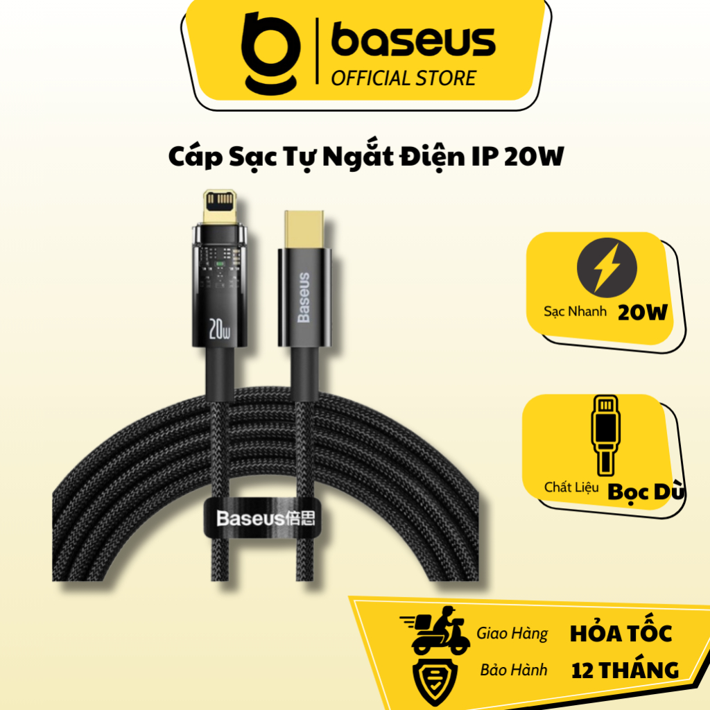 Dây Sạc Nhanh Tự Ngắt Điện 20W Baseus Explorer, Cáp Sạc Bọc Dù Cao Cấp Có Báo Đèn Dài 1M 2M Cho IP14Promax 13 12 11...
