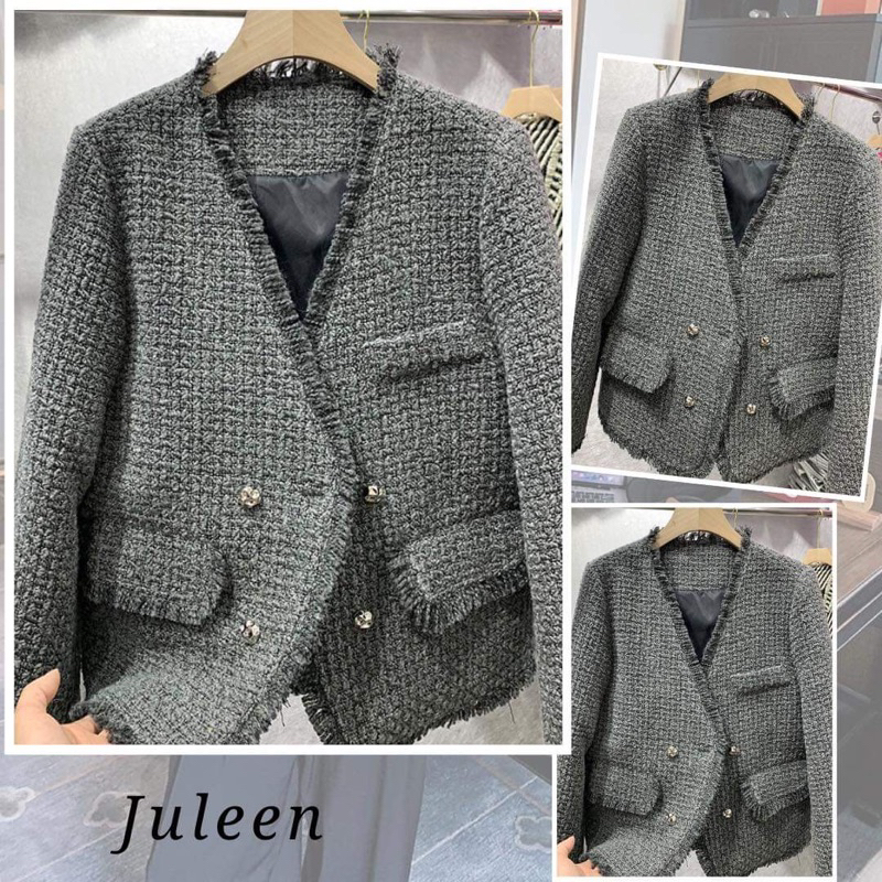 Áo khoác dạ tweed xám, dáng dài, cổ V, Quảng châu cao (STR05) .