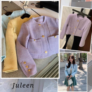 Áo khoác dạ tweed, dáng ngắn croptop cổ tròn cúc đồng .