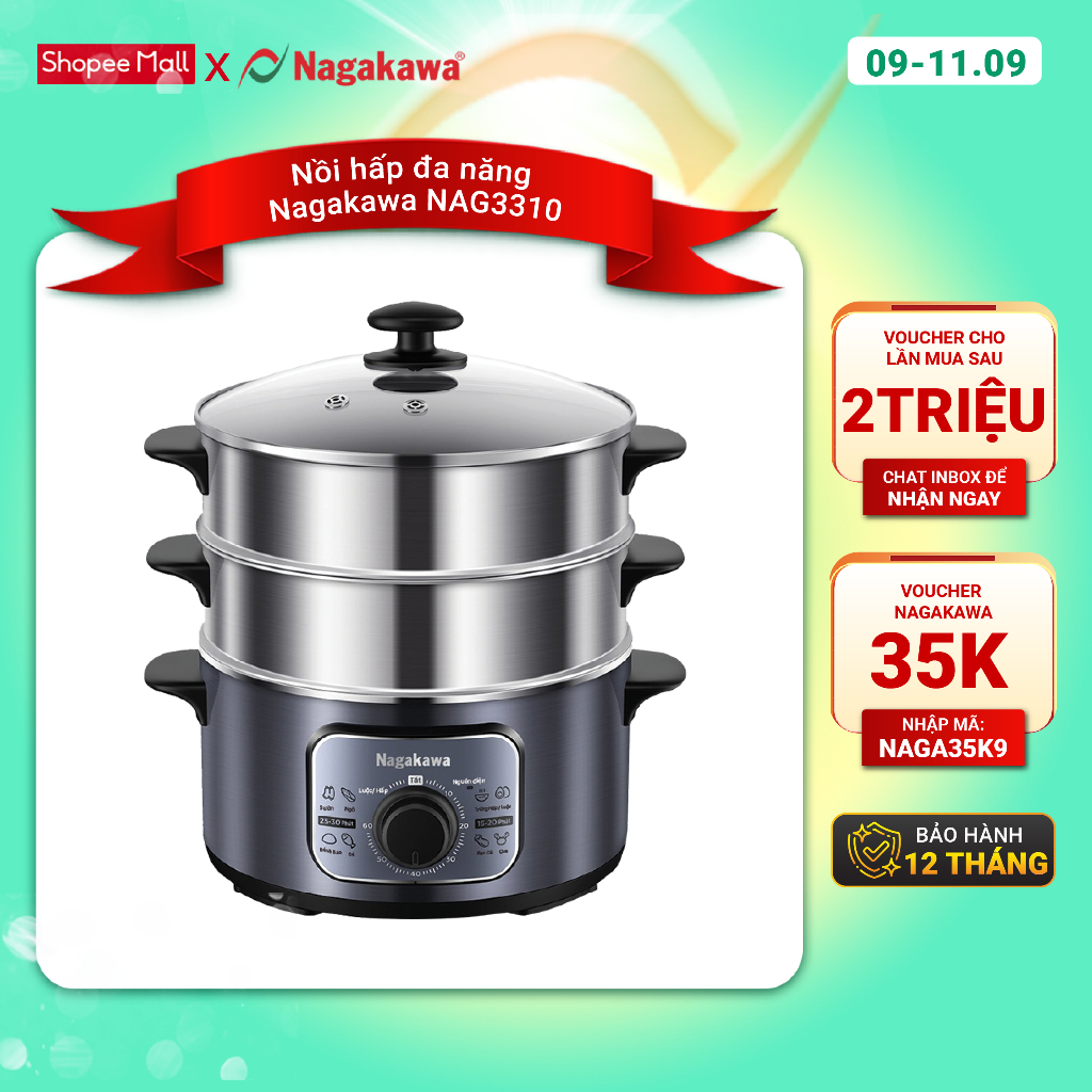 Nồi hấp điện inox đa năng Nagakawa NAG3310 (1300W - 11.8L) - bảo hành 12 tháng