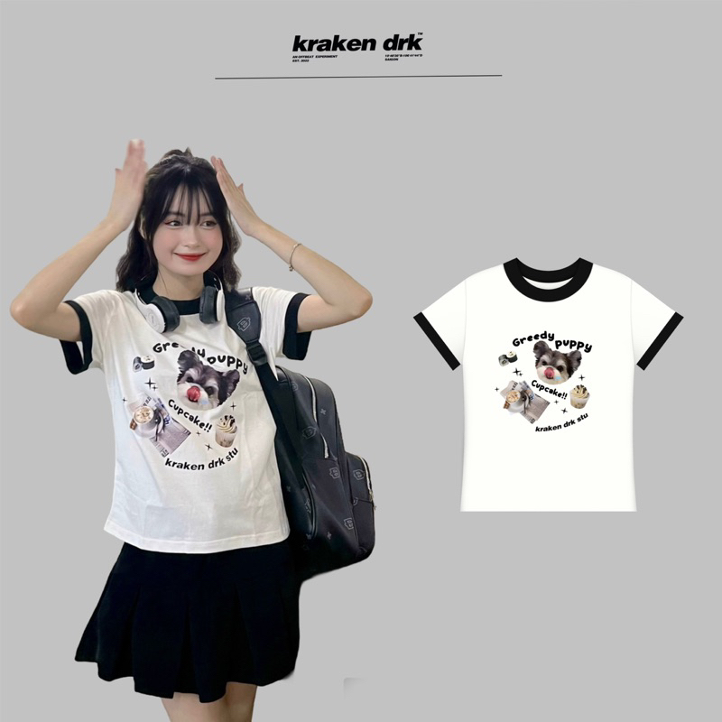 Áo baby tee tay viền "Greedy puppy" | Kraken drk