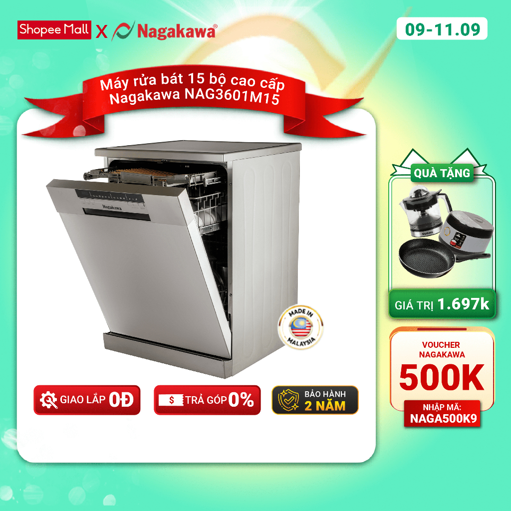 Miễn phí công lắp đặt - Máy rửa chén/ bát 15 bộ cao cấp Nagakawa NAG3601M15 - Bảo hành tại nhà 2 năm - Made in Malaysia