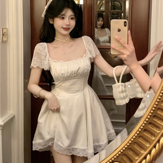 Váy nữ mùa he phối ren cổ vuông có dây thắt eo dáng chữ A
