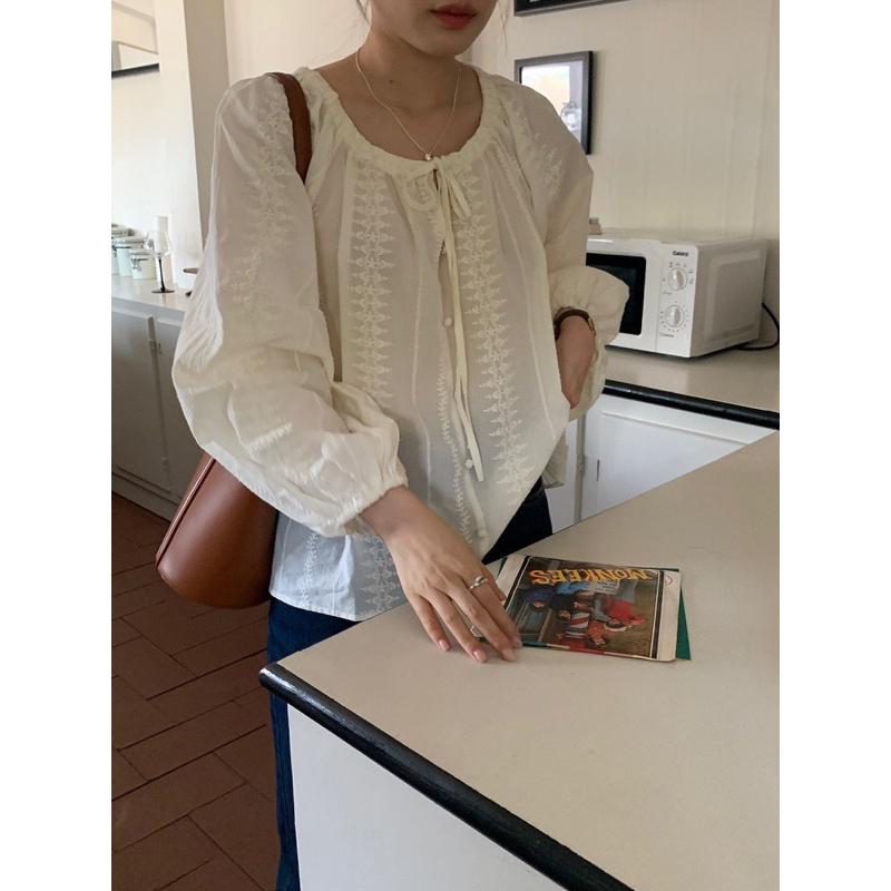 Áo Dáng Babydoll Be Tơ Đũi Cổ Dây Rút Hoạ Tiết Thêu Phong Cách Hàn Quốc Vintage