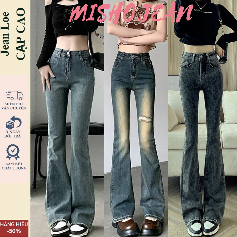 Quần jeans nữ ống loe co giãn, quần bò jean nữ màu rêu ống đứng rộng suông CẠP CAO cao cấp Hottrend 2023 MISHO T023