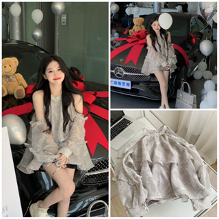 [Ảnh Thật/ Video]: Áo hở vai tơ loang ghi,  áo tơ tay dài bồng hở vai màu sang chảnh LOLLAYE