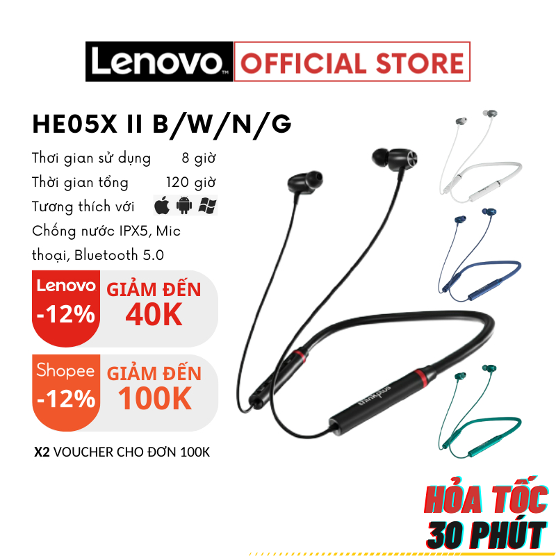 Tai nghe thể thao Bluetooth Lenovo HE05X II - Chống ồn - Chống nước - Có micro