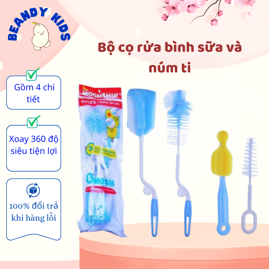 Bộ cọ rửa bình vệ sinh bình sữa 4 chi tiết đa năng an toàn tiện lợi Beandy