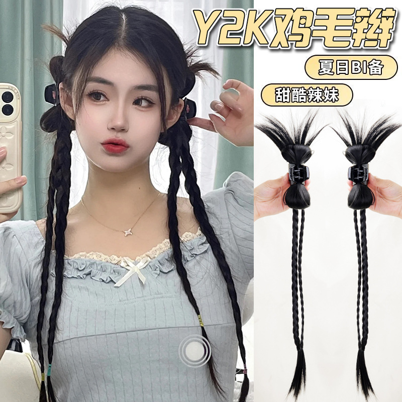 Lẻ 1 Chiếc Kẹp Tóc Giả Kẹp Nửa Đầu Hình Quả Lông Kèm Bím Tóc Giả Đuôi Ngựa Y2K Thắt Bím Đuôi Ngựa Phong Cách Denim 2023