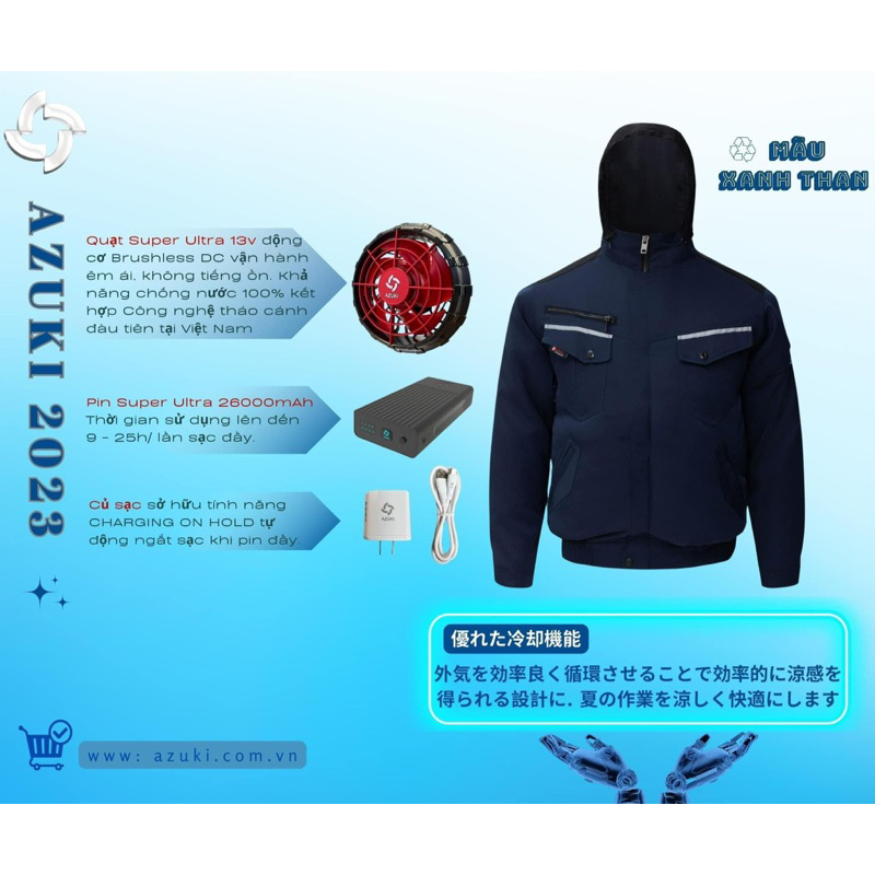 Aó điều hòa Nhật bản AZUKI SUPER ULTRA 2023, pin 26.000mah, quạt 13v
