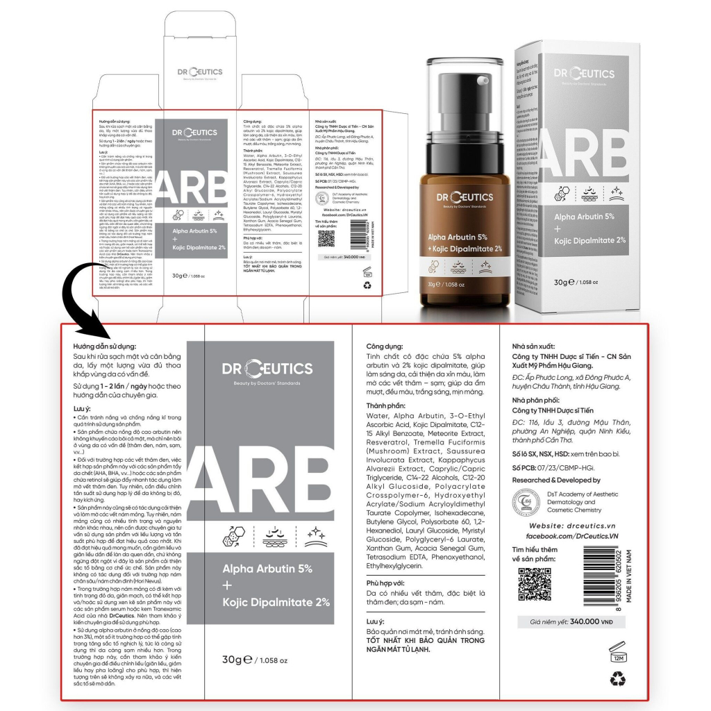Serum Drceutics Alpha arbutin 5% + Kojic dipalmitate 2% tinh chất giảm thâm, nám, tàn nhang 30ml