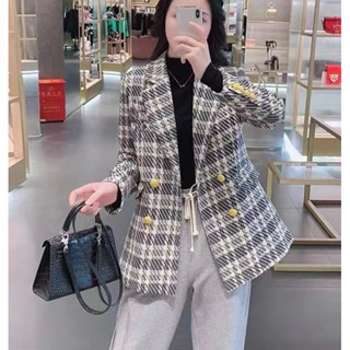 Áo Khoác Dạ Blazer Kẻ Caro Dáng Rộng Phong Cách Hàn Quốc Siêu Xinh, Áo Dạ Blazer Dáng Suông Phối Nút Dành Cho Nữ