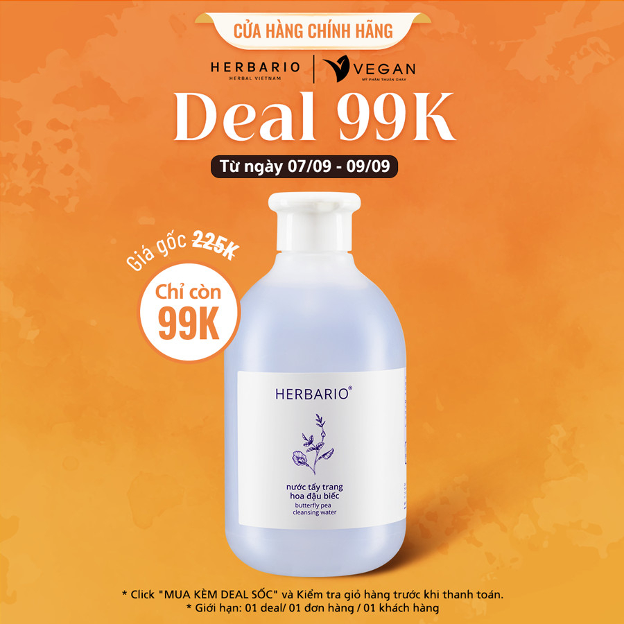 Toner nước cân bằng da Hoa Đậu Biếc herbario 200ml thuần chay cấp ẩm, chống lão hóa