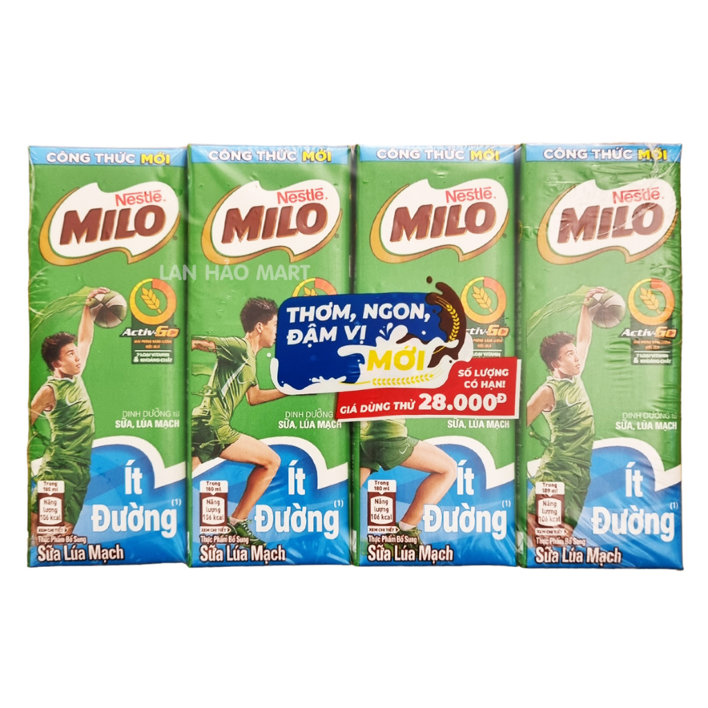 Lốc 4 hộp sữa lúa mạch cacao ÍT ĐƯỜNG Milo Active Go 180ml