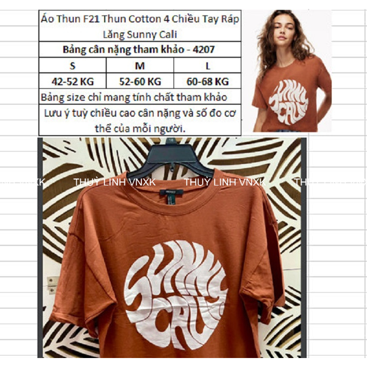 Áo Thun Nữ F21 Thun Cotton 4 Chiều Cổ Tròn Tay Raglan Màu Đỏ Cam In Chữ Sunny Cali