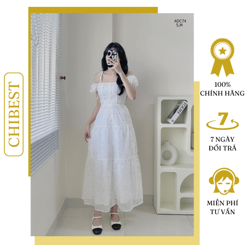 Đầm maxi tơ dây nơ vai in hoa cúc CHIBEST ADC74