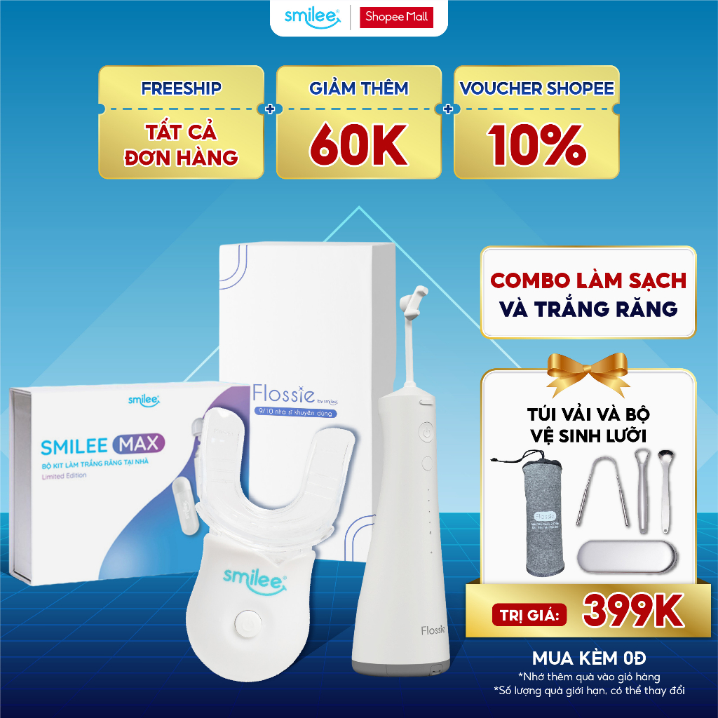 Combo máy tăm nước 360 độ Flossie và bộ kit làm trắng răng Smilee Max