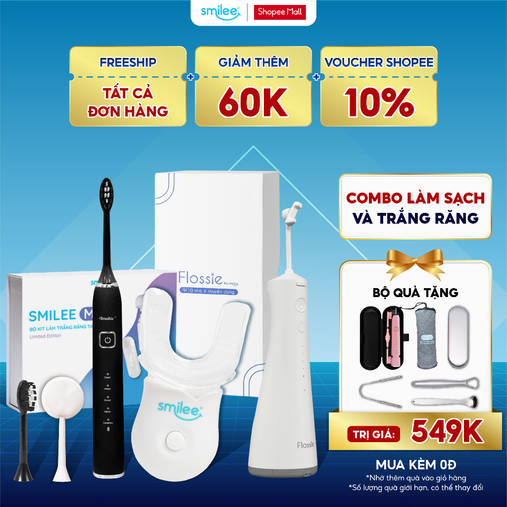 Combo bàn chải điện Brushie, máy tăm nước 360 độ Flossie và bộ kit làm trắng răng Smilee Max