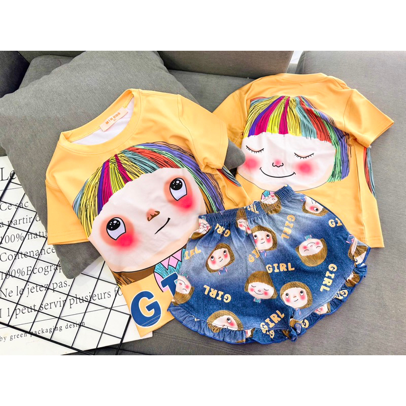 22-40kg | Bộ sọt bé gái quần bèo giả jean, thun lạnh 1