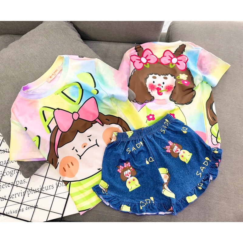 22-40kg | Bộ sọt bé gái quần bèo giả jean, thun lạnh 1