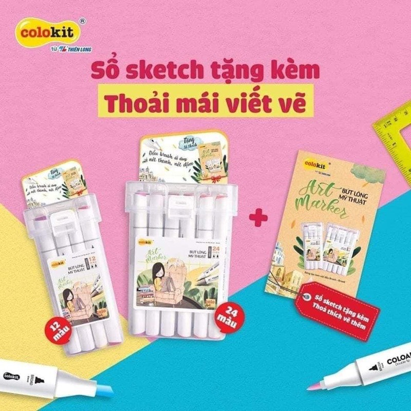 Bút dạ 2 đầu Art Marker Thiên Long Colokit 24 màu chuyên nghiệp bền màu, Mỹ thuật học sinh sinh viên chuyên dụng AM-C001