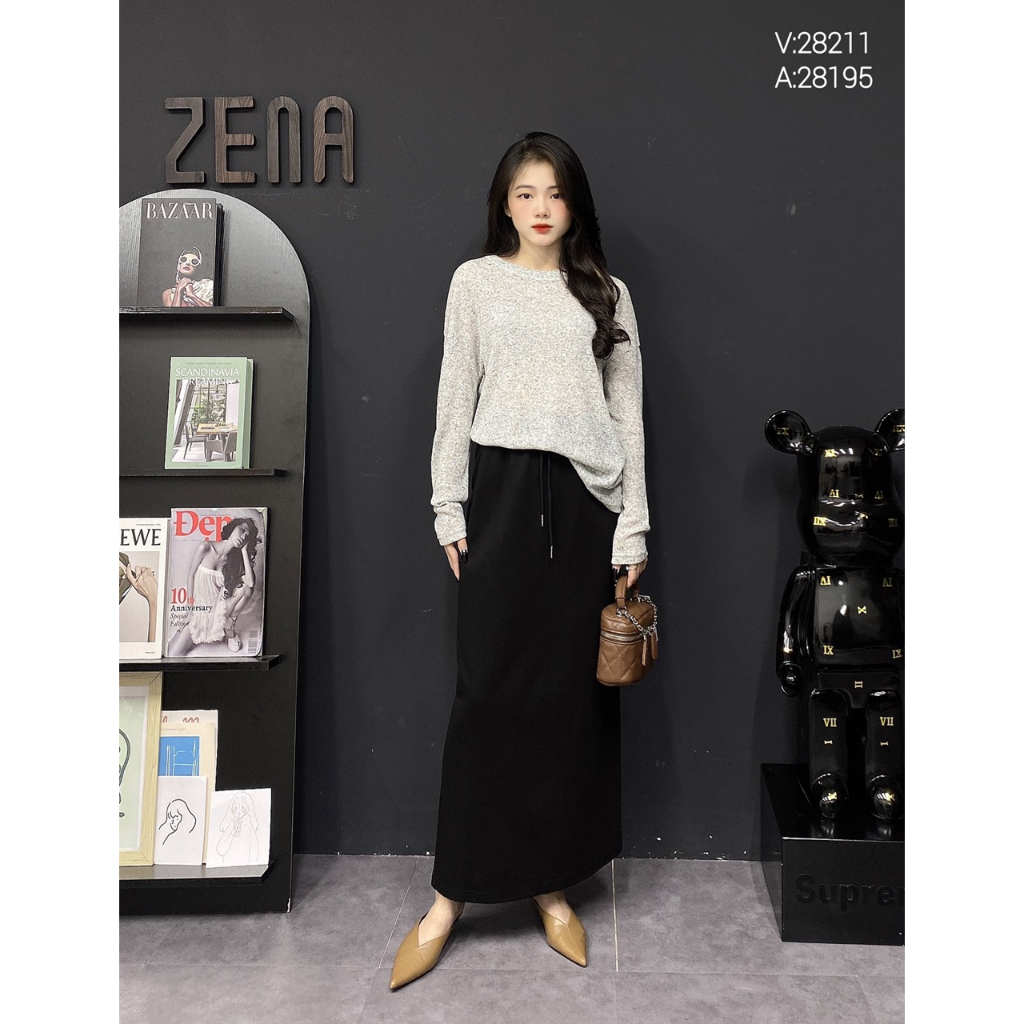 A28195-Áo cotton tiêu cổ tròn dài tay xẻ cạnh