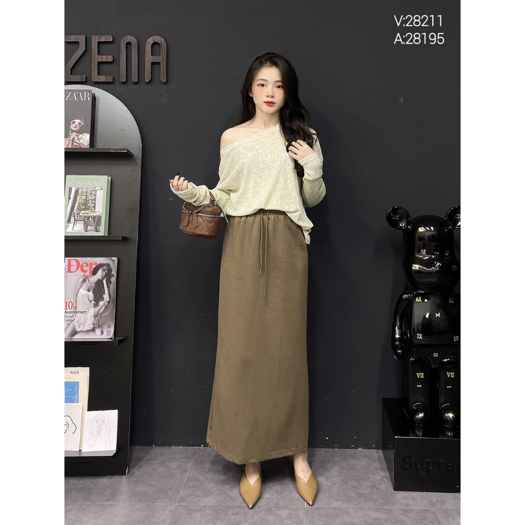 A28195-Áo cotton tiêu cổ tròn dài tay xẻ cạnh
