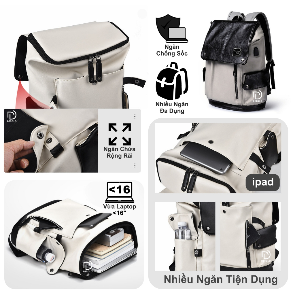 Balo da nam nữ thời trang DETOLO đựng laptop 15,6in 16in chống nước ngăn ipad ngăn quần áo du lịch 3 4 bộ