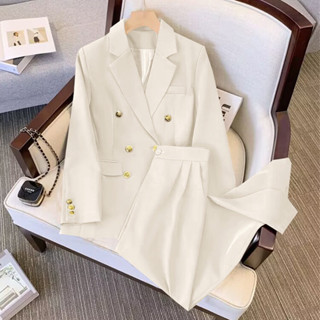 Set áo vest nữ blazer nữ hàng Quảng Châu chất tuyết mưa mềm bigsize sang chảnh quần ống suông cúc đồng công sở