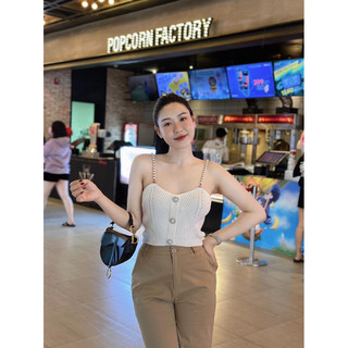 Áo len 2 dây ngọc cúc hoa đính đá