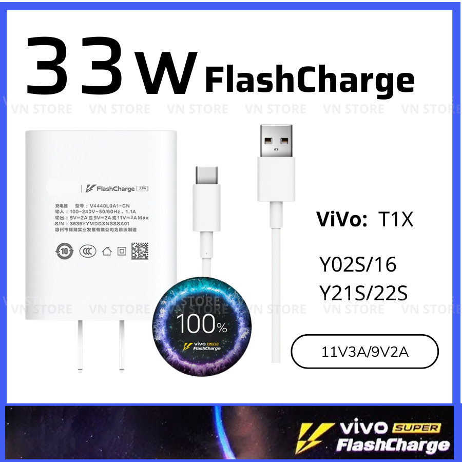 Sạc vivo 33w, sạc nhanh Vflash charge không nóng máy phù hợp Vivo Y02s/Y16/Y21s/Y22s/T1X và các dòng Vivo khác