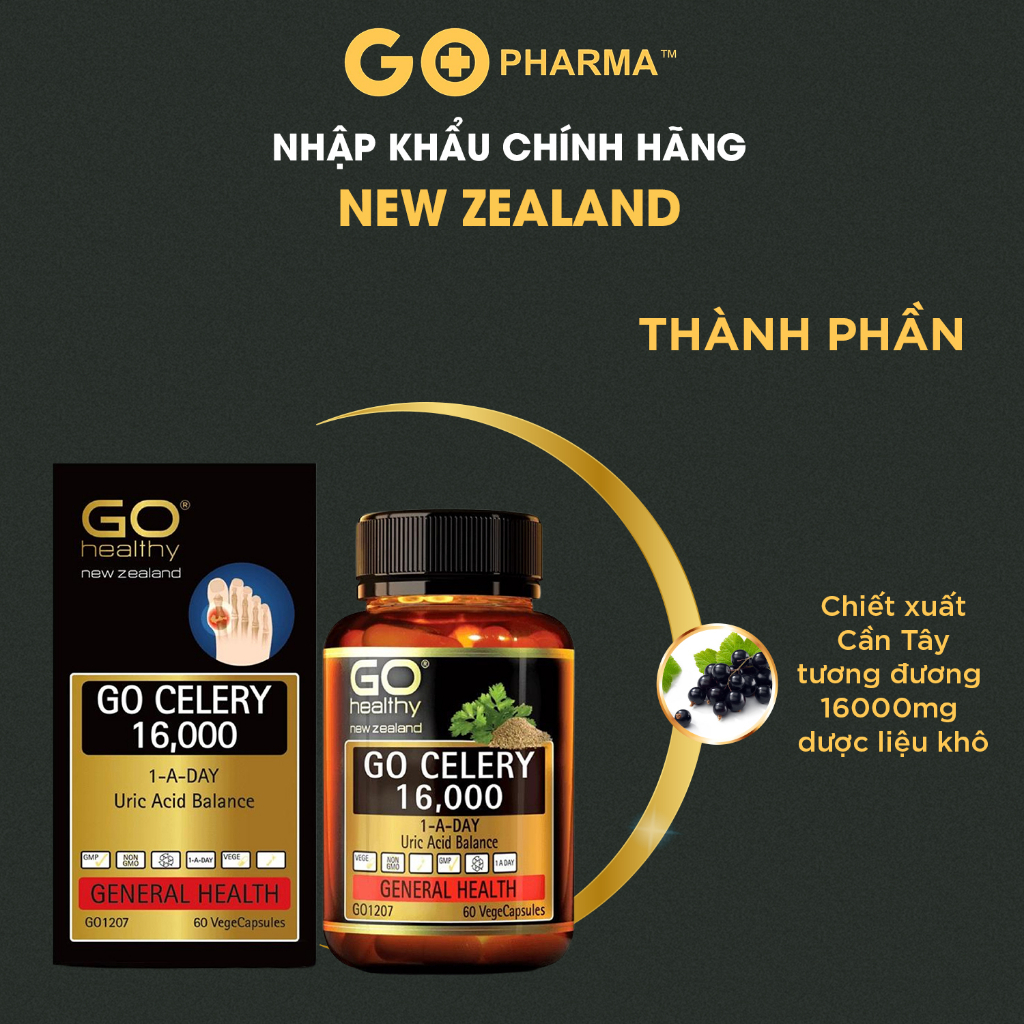 Viên uống hỗ trợ bệnh gout GO Healthy GO CELERY 16000 New Zealand lọ 60 viên axit uric giảm acid uric, biến chứng gút